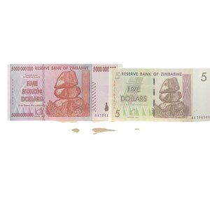 Zimbabwe Five Billion Dollar & Five Dollar Banknotes Reserve Bank Of Zimbabwe 20